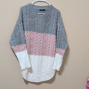 SHEIN Gray Pink White Cable Knit Colorblock Crew Sweater